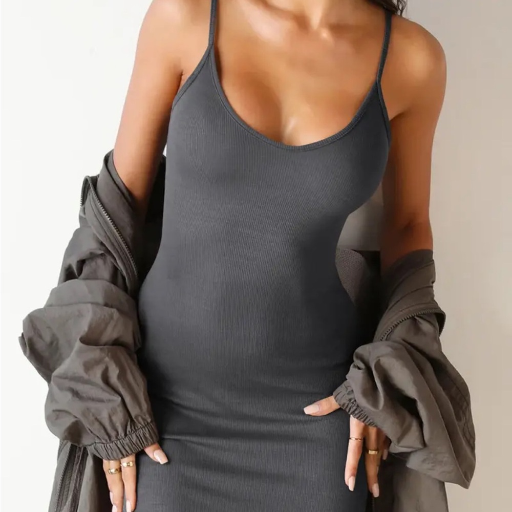 Grey ribbed spaghetti strap mini